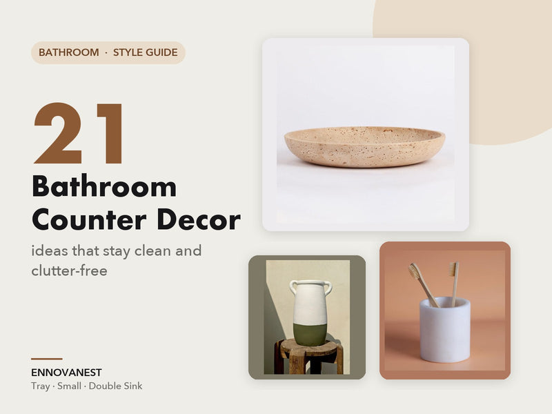 21 bathroom counter decor ideas: travertine plate, ceramic vase and travertine toothbrush holder