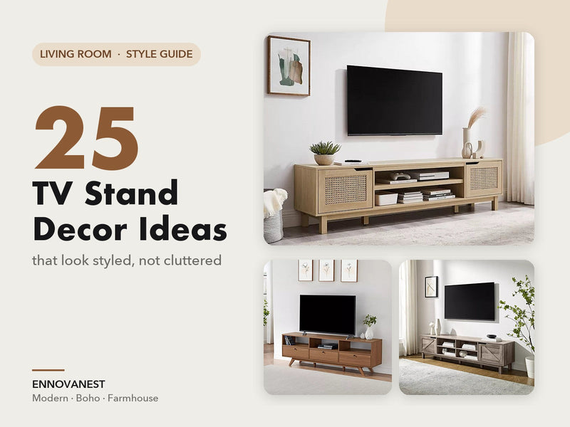 25 TV stand decor ideas: rattan, walnut and farmhouse TV stands styled in real living rooms