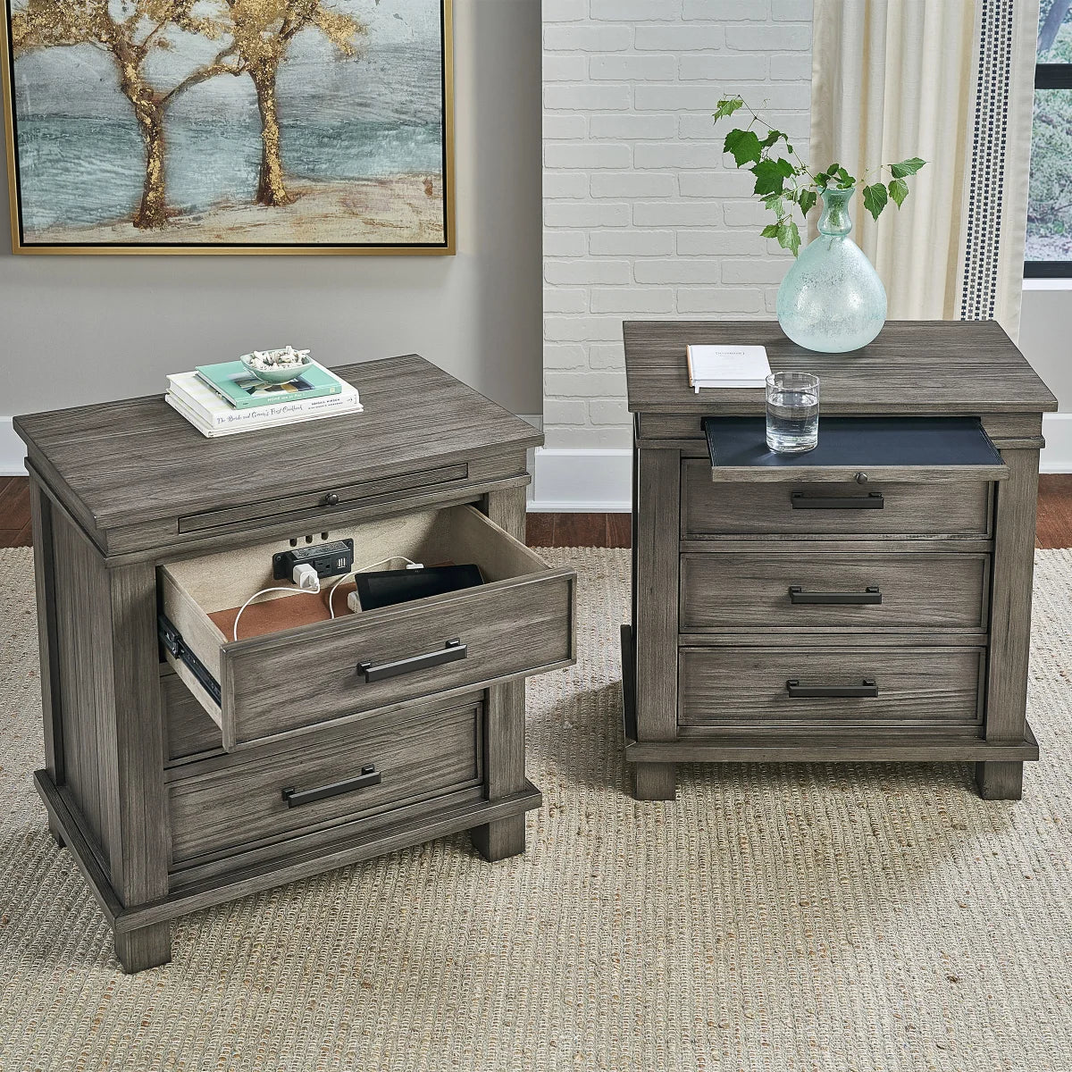 Bedroom with gray wooden furniture including a bed, dressers, and nightstands 4 Piece Sets