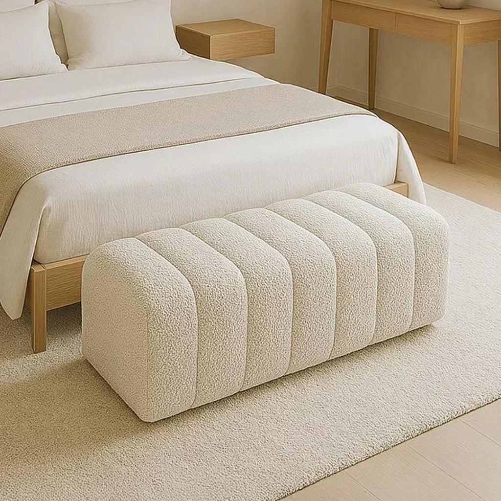BouclƩ upholstered custom ottoman with clean lines White