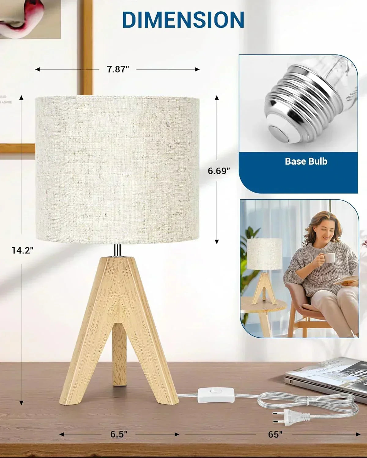Dewenwils Tripod Wooden Lamp – 18" with Linen Shade by Nureyaa