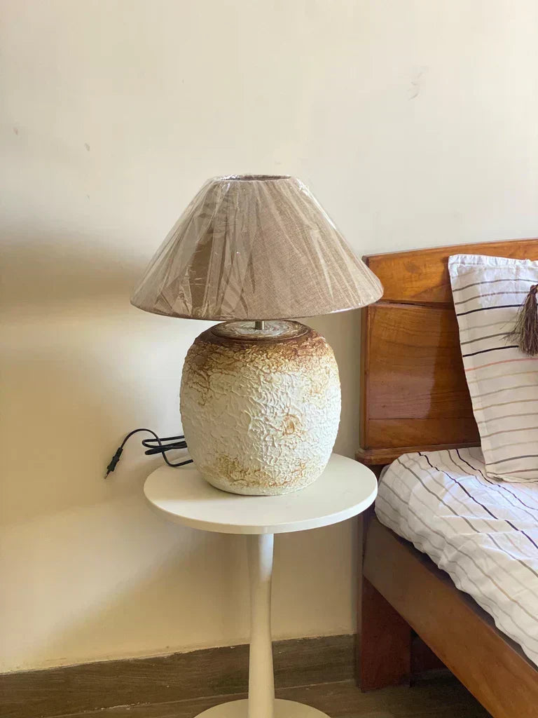 Caramel popcorn textured terracotta lamp with handmade ceramic finish and wide neutral shade – 20.5-inch artisan table lighting