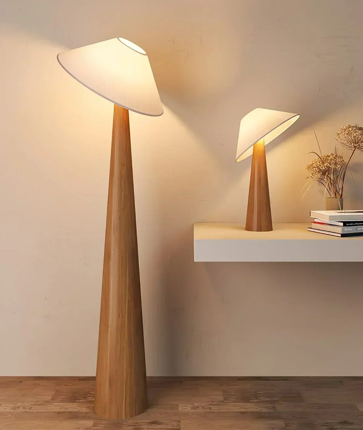 Nureyaa Tipped Hat Wooden Floor Lamp, 139cm tall, fabric shade, handmade modern decor Light Brown