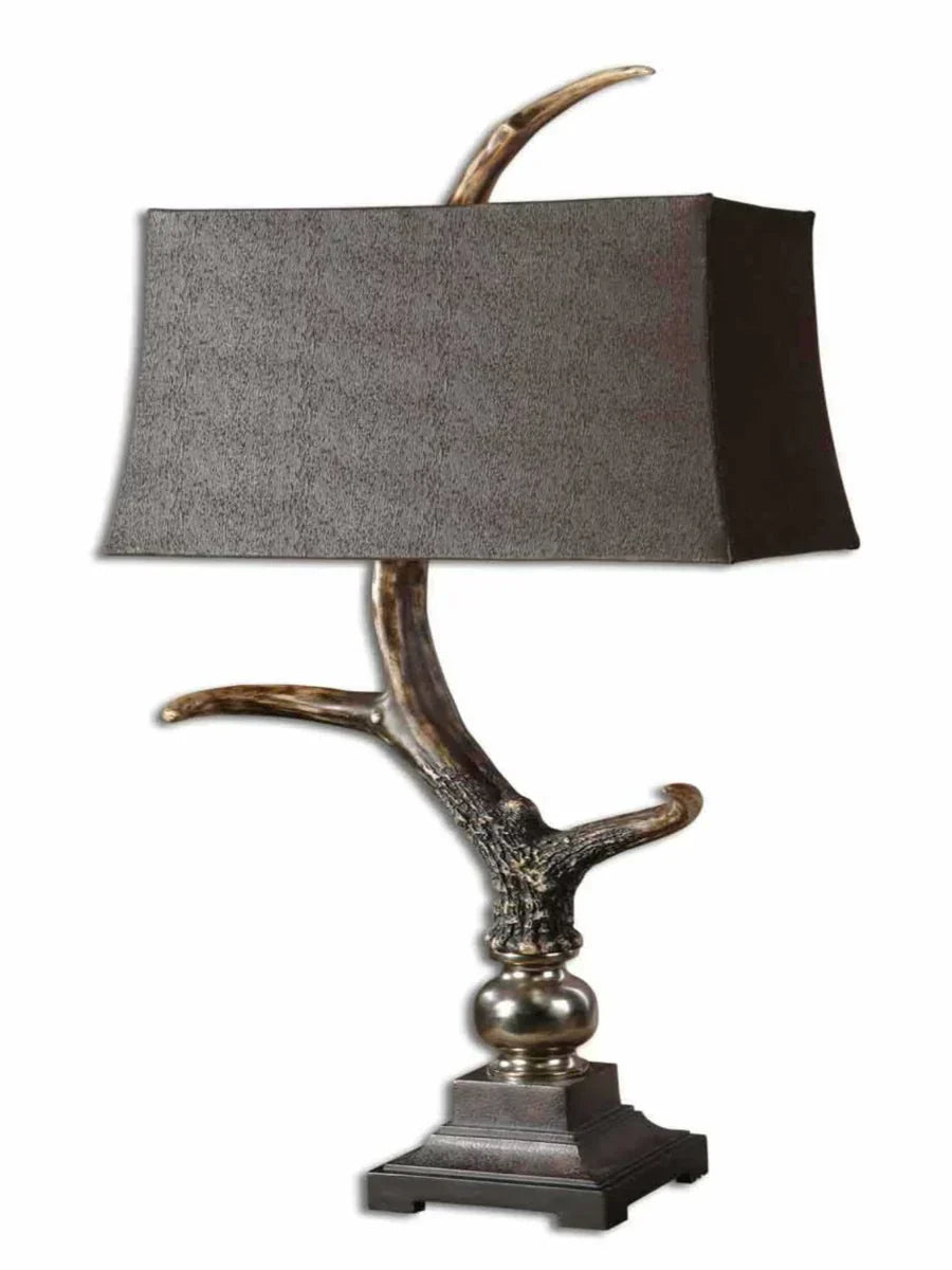 Stag Horn Table Lamp with bone ivory antler-style base, chocolate suede rectangular shade, and rustic wood-tone details.