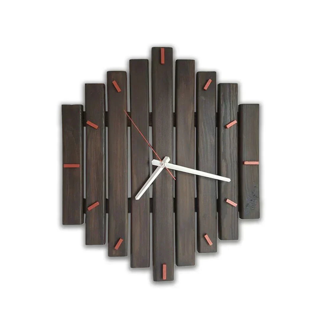 Rustic Hour Wall Clock – Dark wooden wall clock with red hour markers and white hands, modern rustic design