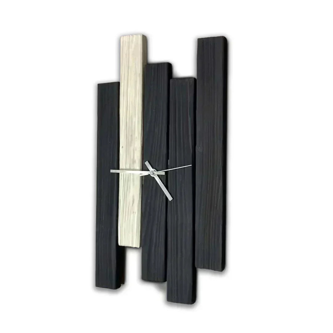 Heritage Hour Wall Clock – Rustic wooden wall clock with vertical black and natural wood panels and silver hands, modern minimalist decor.