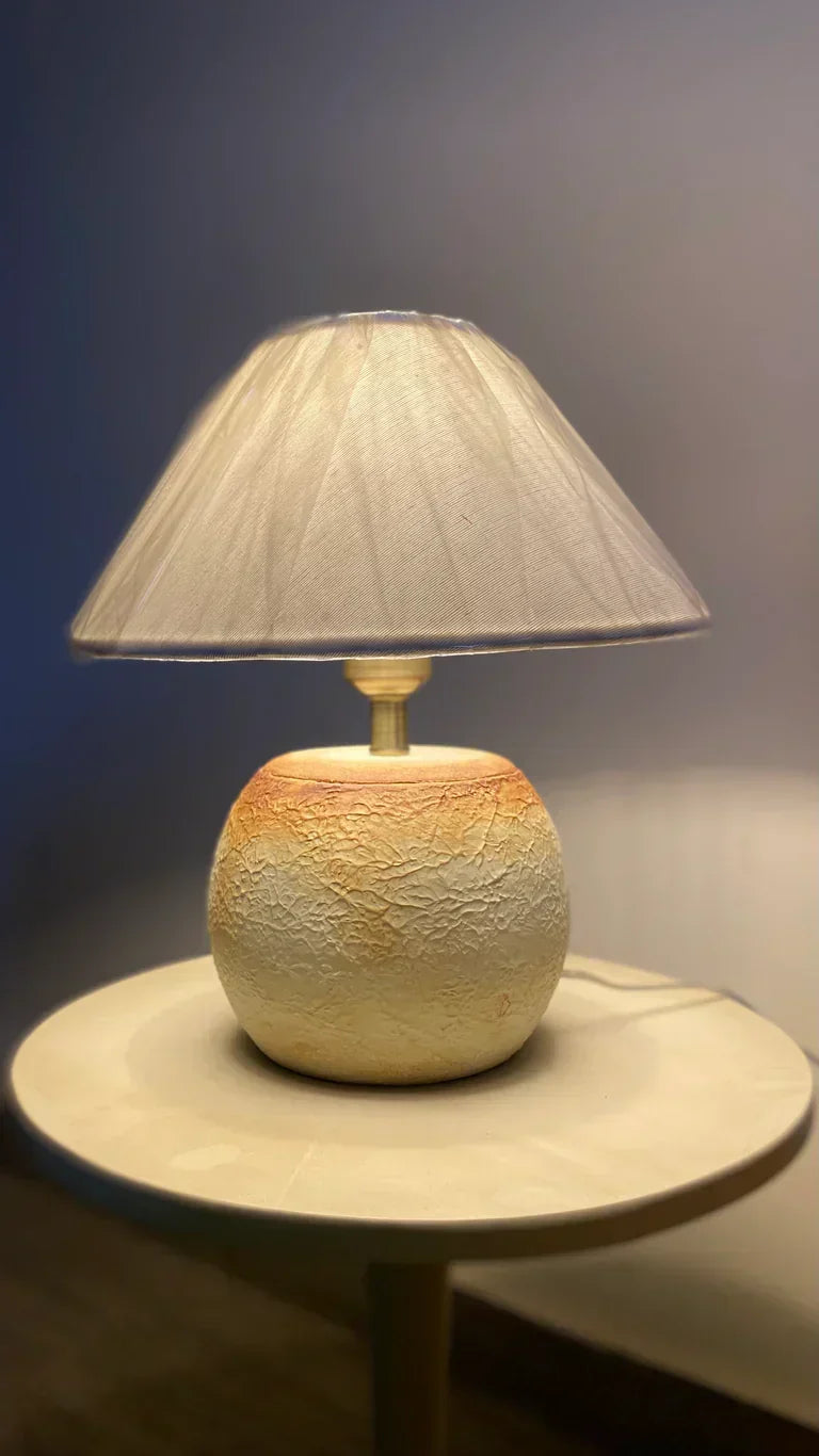 “Mini caramel popcorn textured terracotta lamp with handmade ceramic base and neutral shade – 14.5-inch artisan lighting for compact spaces.”