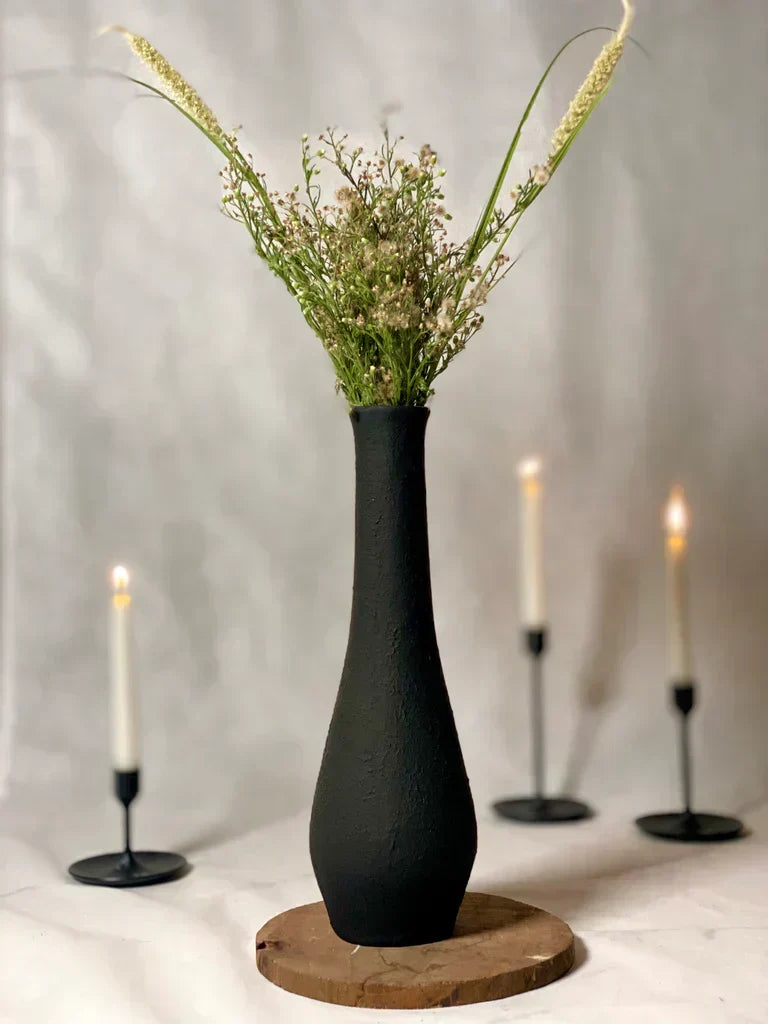 Nureyaa Big Black Textured Ceramic Vase, 15.5" tall, 4.8" wide, handmade decor