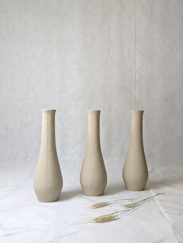 Nureyaa Big Beige Textured Ceramic Vase, 15.5" tall, 4.8" wide, handmade decor