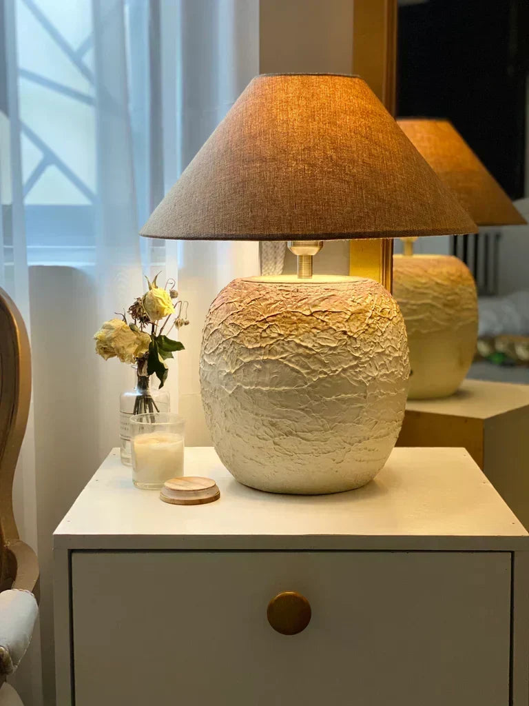 Caramel popcorn textured terracotta lamp with handmade ceramic finish and wide neutral shade – 20.5-inch artisan table lighting