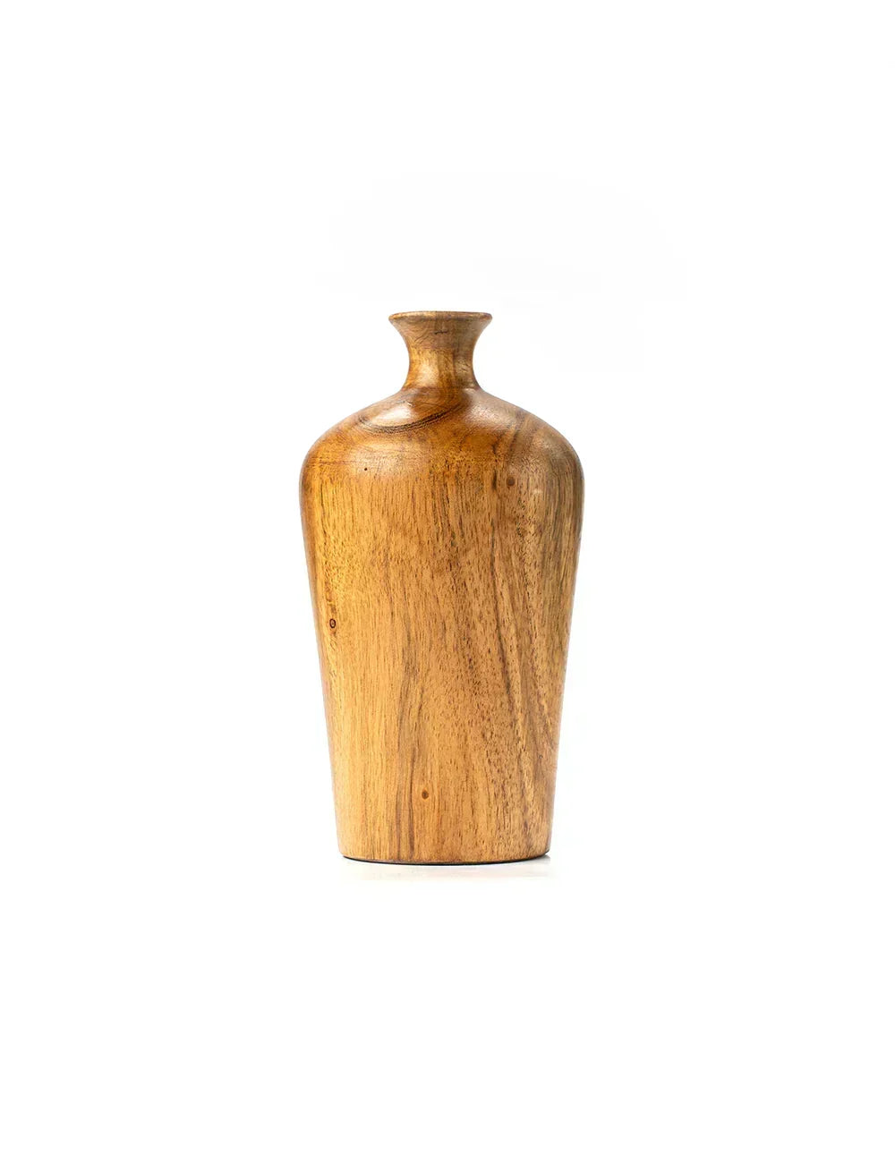 “Umber Vase handcrafted from natural Kikar wood – 8-inch rustic decor piece ideal for dried flowers or bohemian shelf styling.”