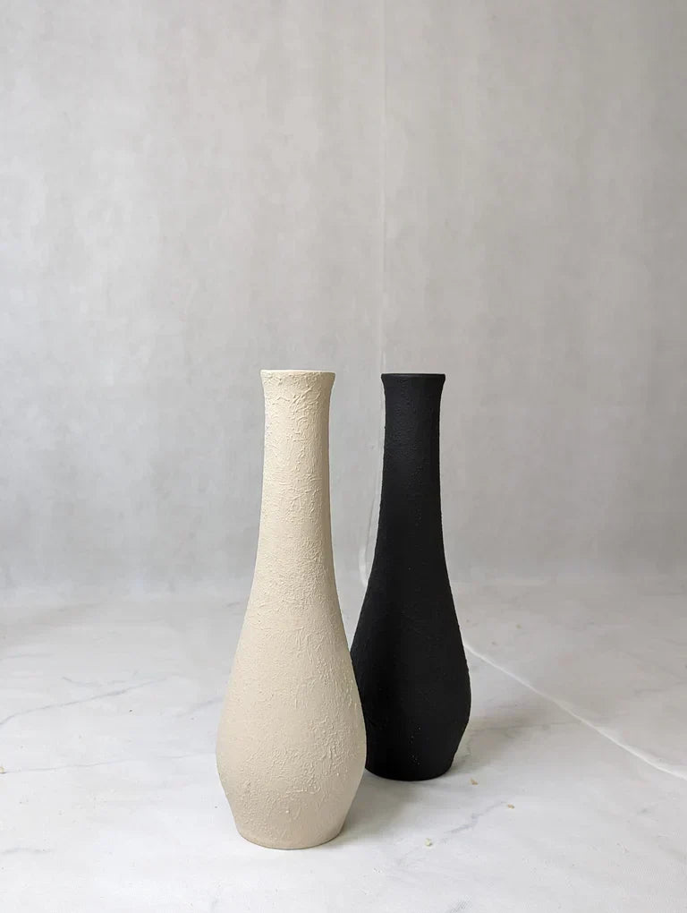 Nureyaa Big Beige Textured Ceramic Vase, 15.5" tall, 4.8" wide, handmade decor
