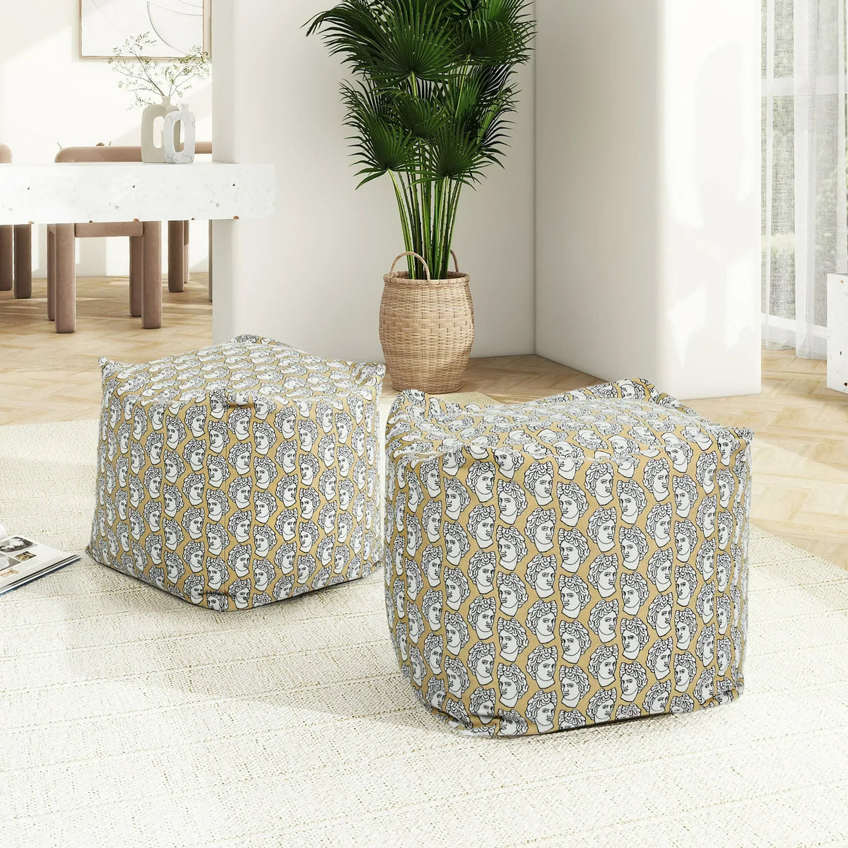 Jennifer Taylor Home Pouf 23" Luxury Oversized Bean Bag Cube Ottoman, Apollo Bust Gold & Cream Embroidery