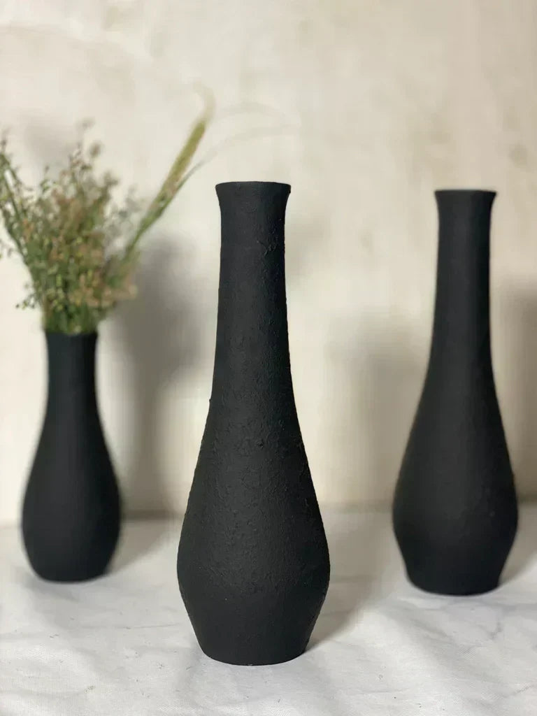 Nureyaa Big Black Textured Ceramic Vase, 15.5" tall, 4.8" wide, handmade decor