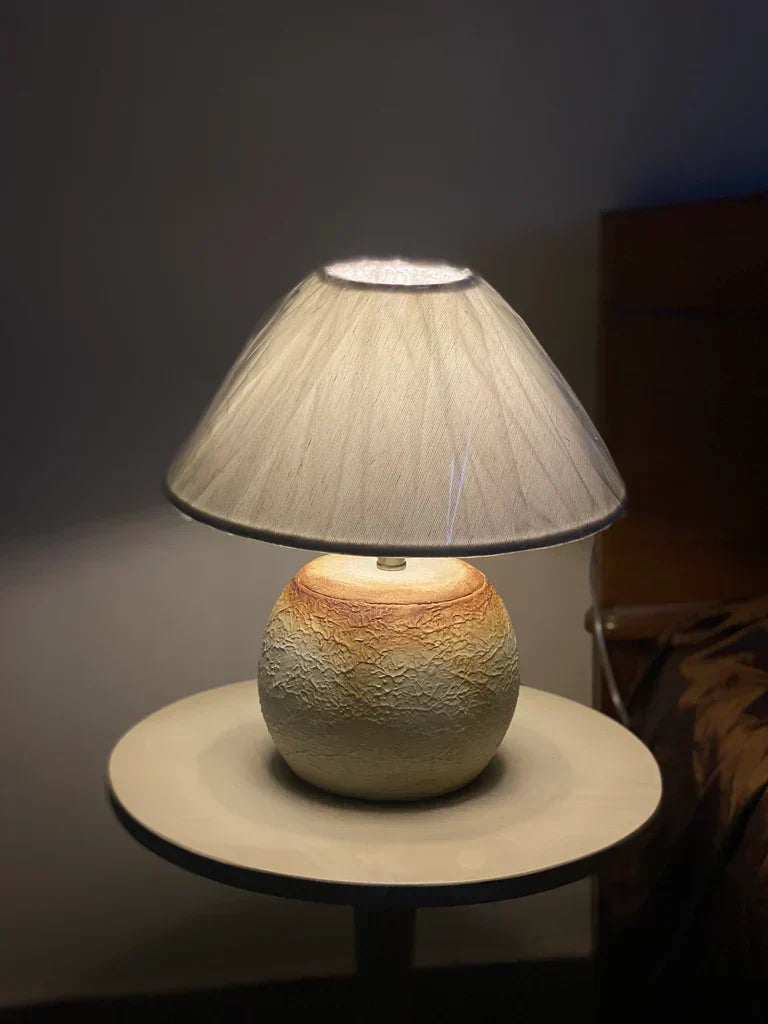 “Mini caramel popcorn textured terracotta lamp with handmade ceramic base and neutral shade – 14.5-inch artisan lighting for compact spaces.”