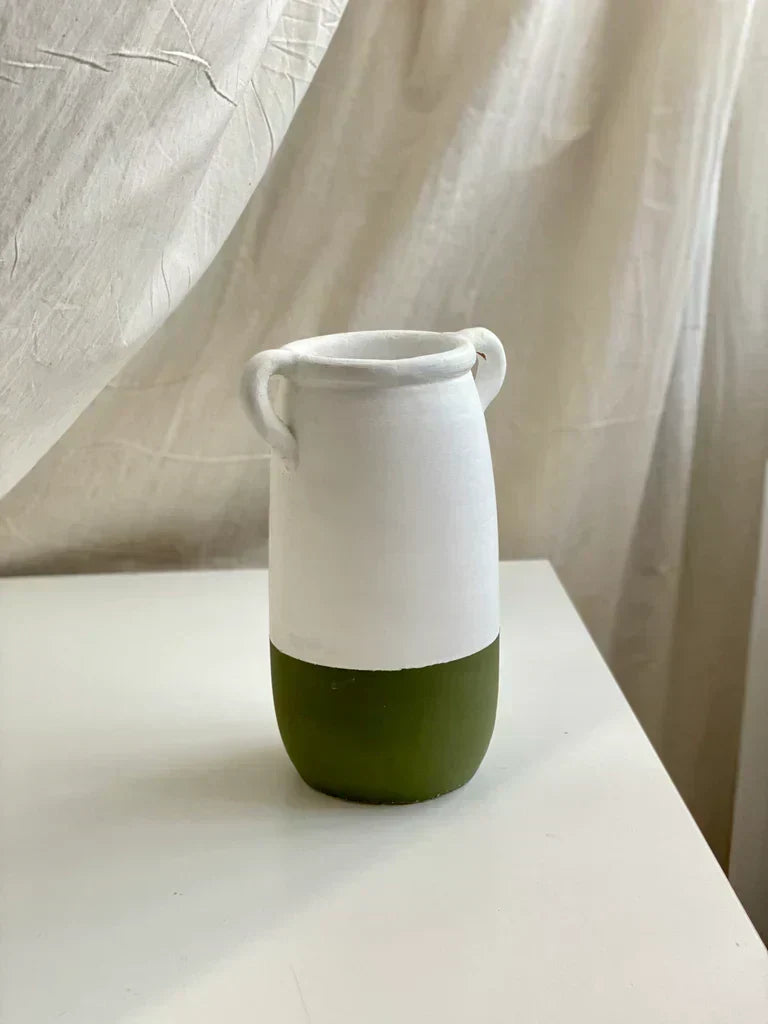 Nureyaa Tranquil White and Olive Ceramic Vase, 10" tall, 7" wide, handmade calming decor