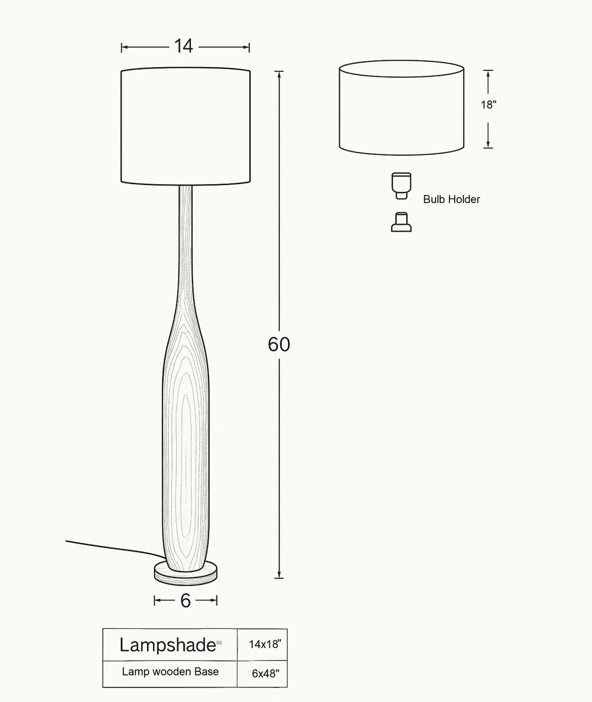 Nureyaa Briar Floor Lamp, 63" tall, 6" wood base, linen shade, handmade decor Brown