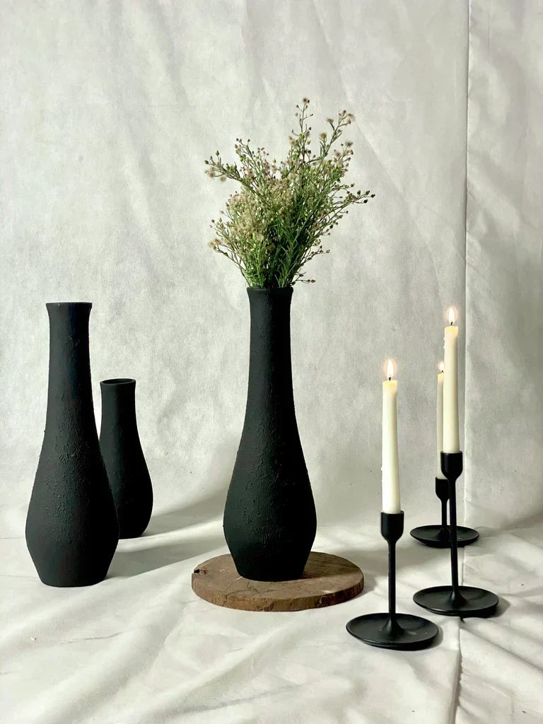 Nureyaa Big Black Textured Ceramic Vase, 15.5" tall, 4.8" wide, handmade decor