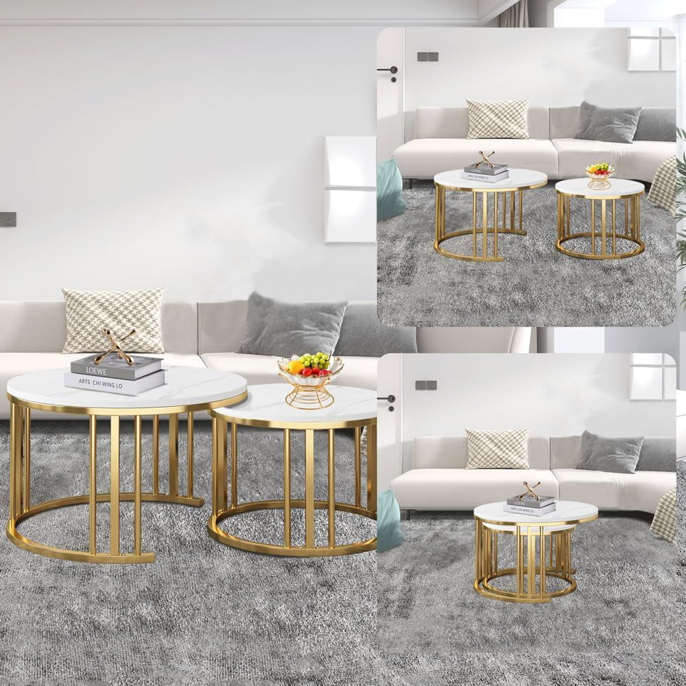 Set of two round marble coffee tables with gold metal frames in a living room Gold White