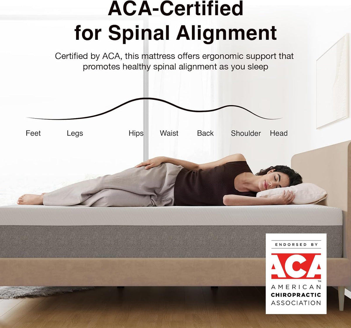 Novilla mattress on a bed with green pillows and a beige blanket in a bedroom setting gray