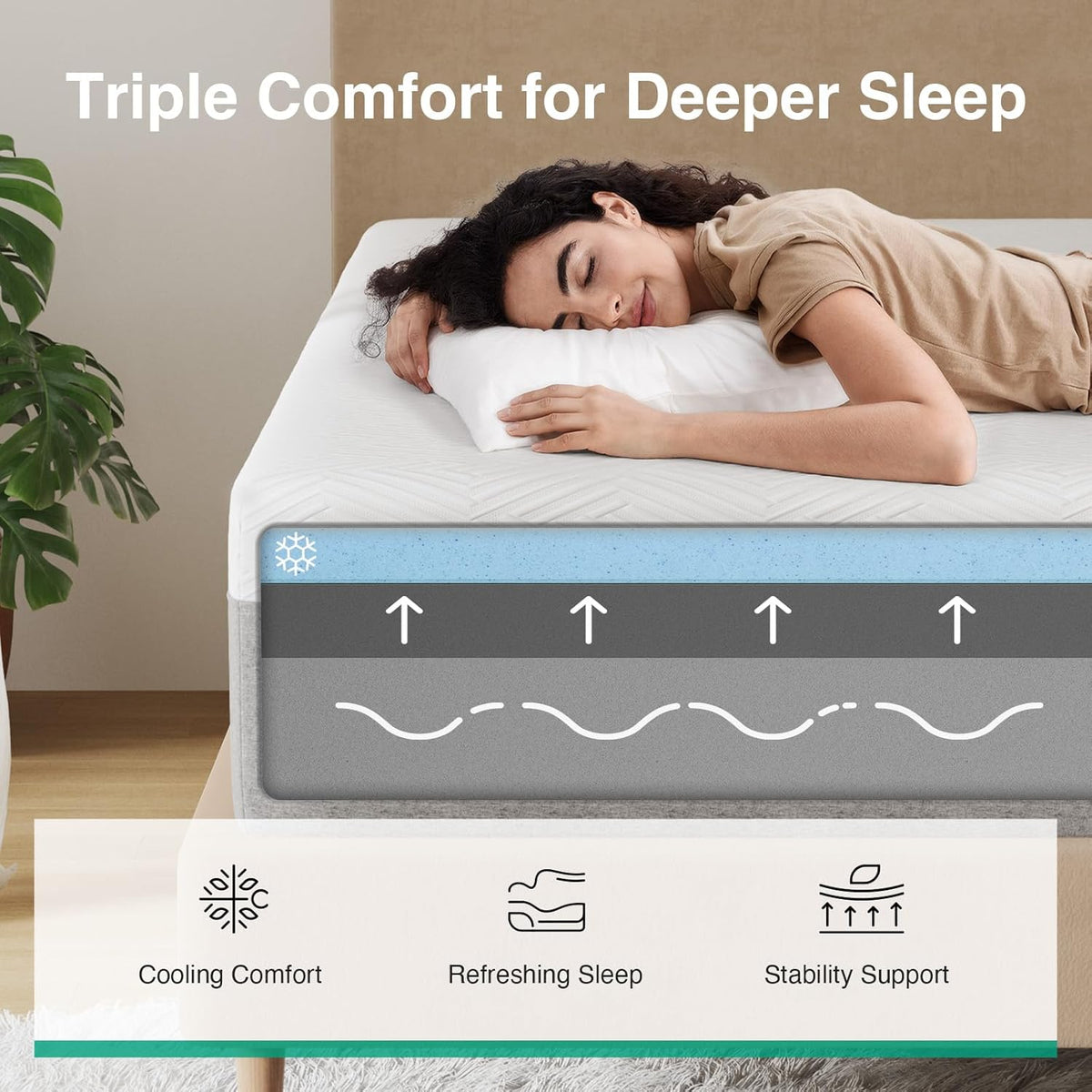 Novilla mattress on a bed with green pillows and a beige blanket in a bedroom setting gray