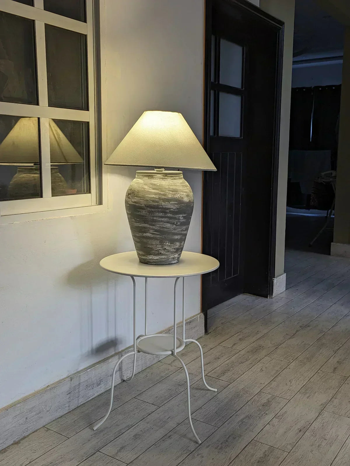 “Slate’ lamp with handcrafted terracotta base in rustic white and grey tones, paired with large neutral shade – 24.8-inch industrial ceramic lighting.”