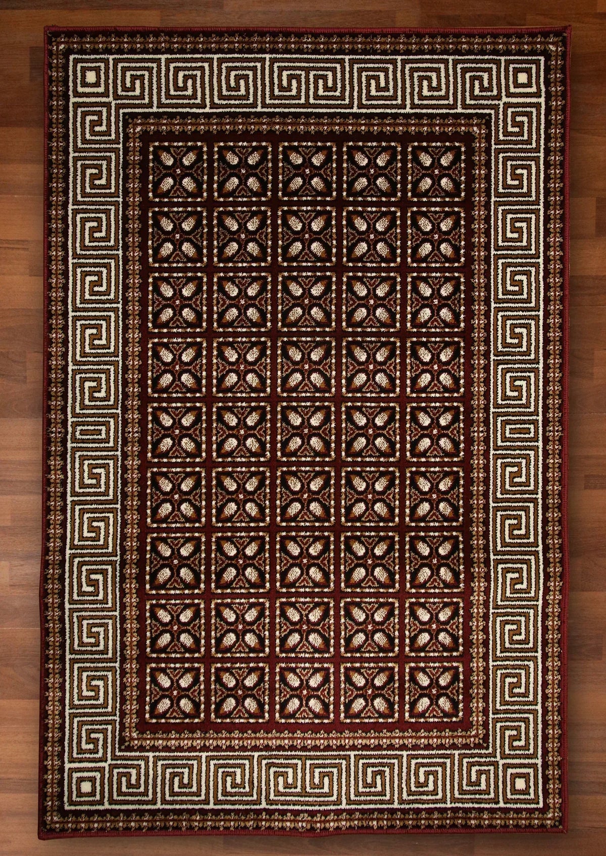 Maroon and beige traditional woven rug with all-over design – soft 10mm pile, jute and polyester backing