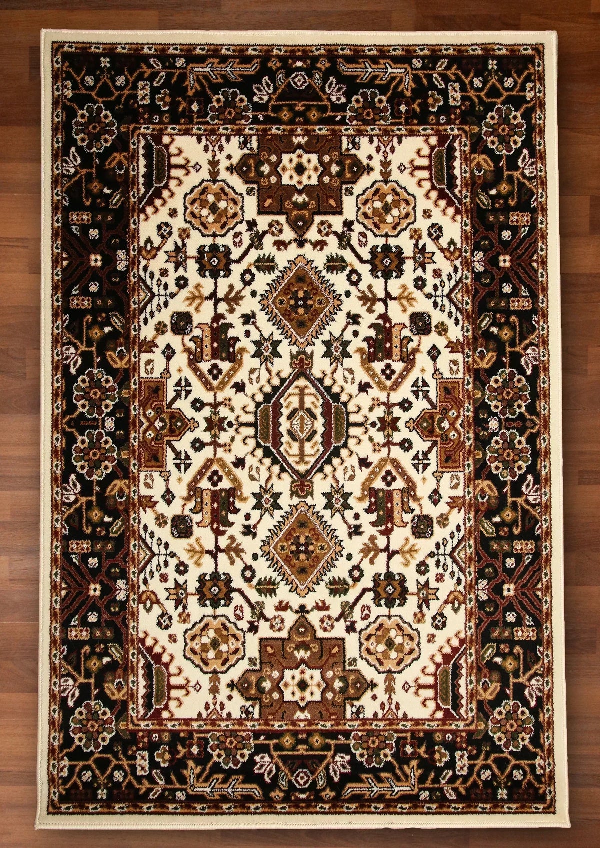 Decorative rug with intricate patterns on a wooden floor