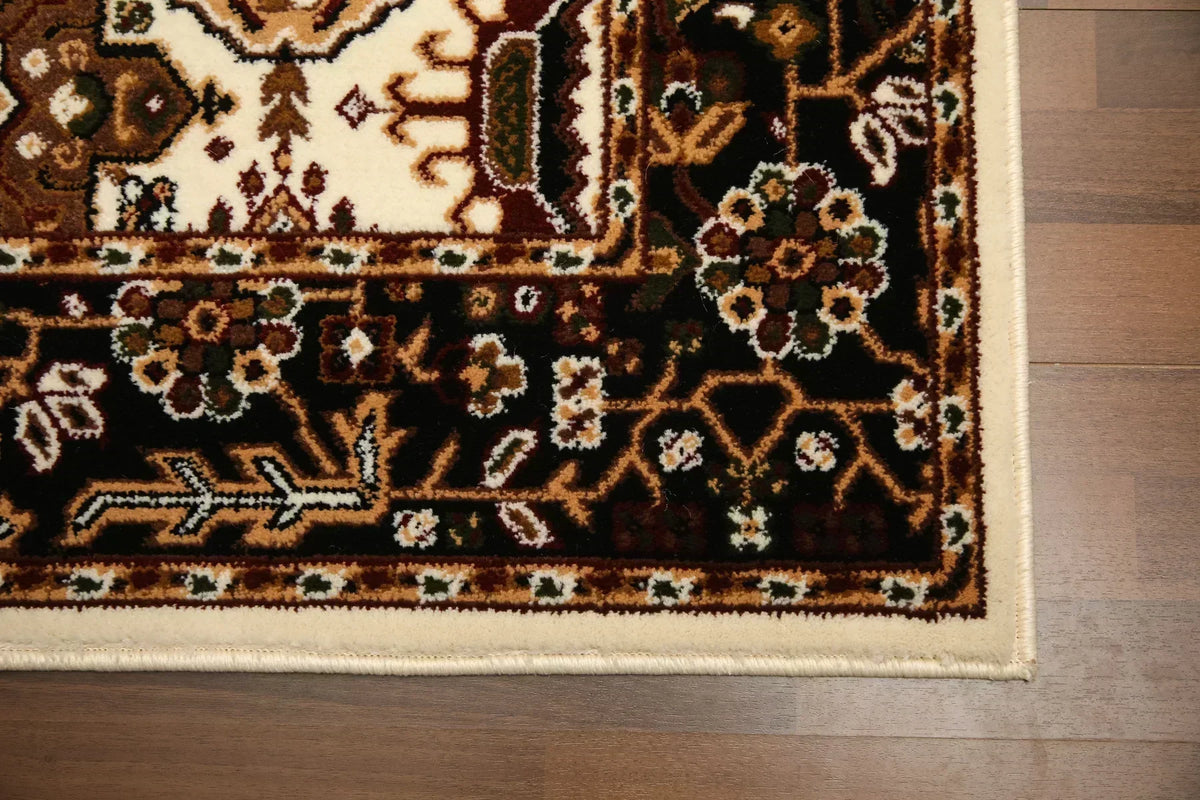 Decorative rug with intricate patterns on a wooden floor