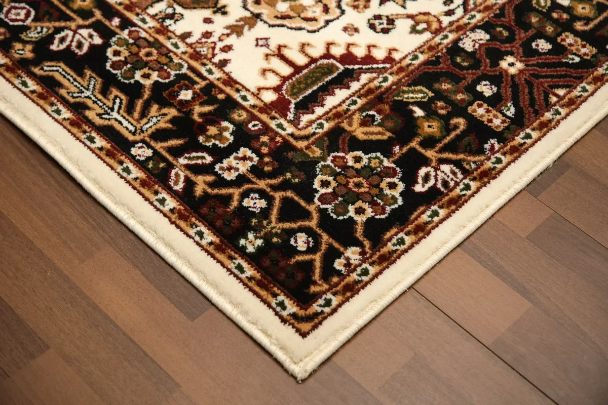 Decorative rug with intricate patterns on a wooden floor