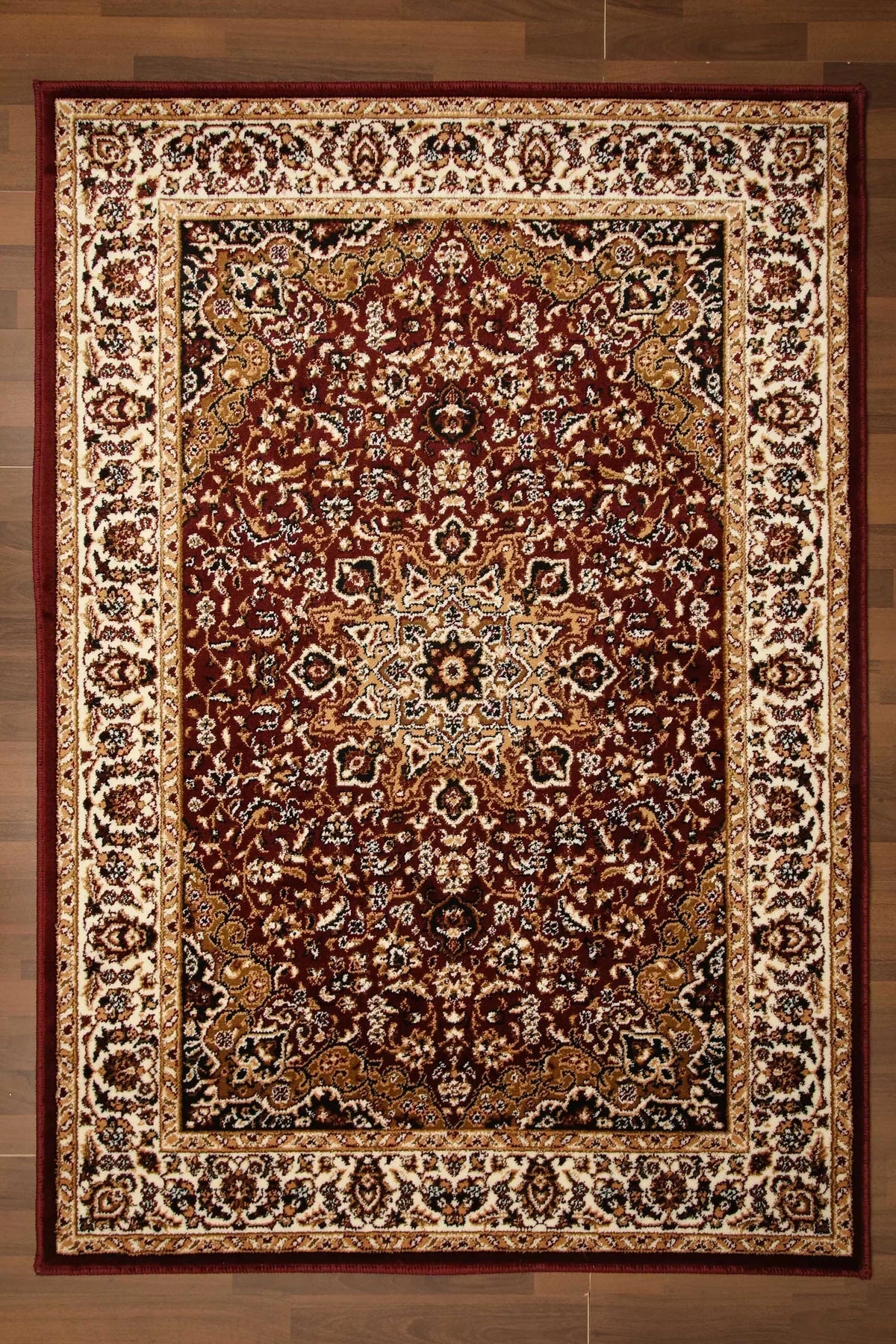 Red and multicolor traditional medallion rug with jute polyester backing – 10mm woven rug