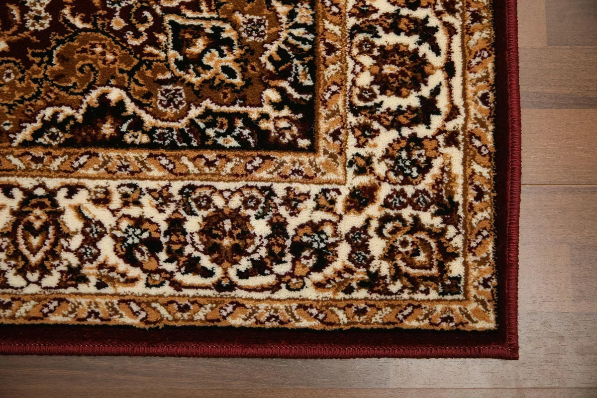 Red and multicolor traditional medallion rug with jute polyester backing – 10mm woven rug