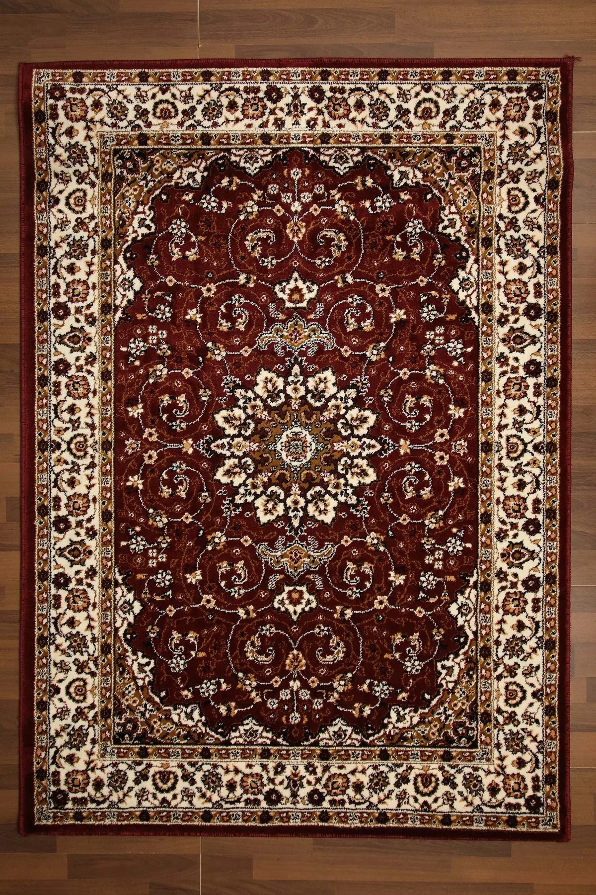 Beige and maroon floral printed woven rug – 10mm pile with jute and polyester backing