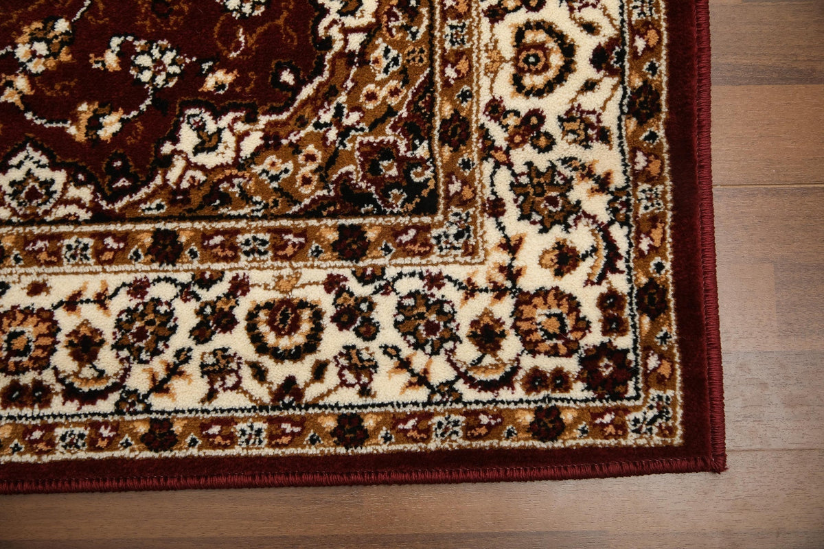 Beige and maroon floral printed woven rug – 10mm pile with jute and polyester backing