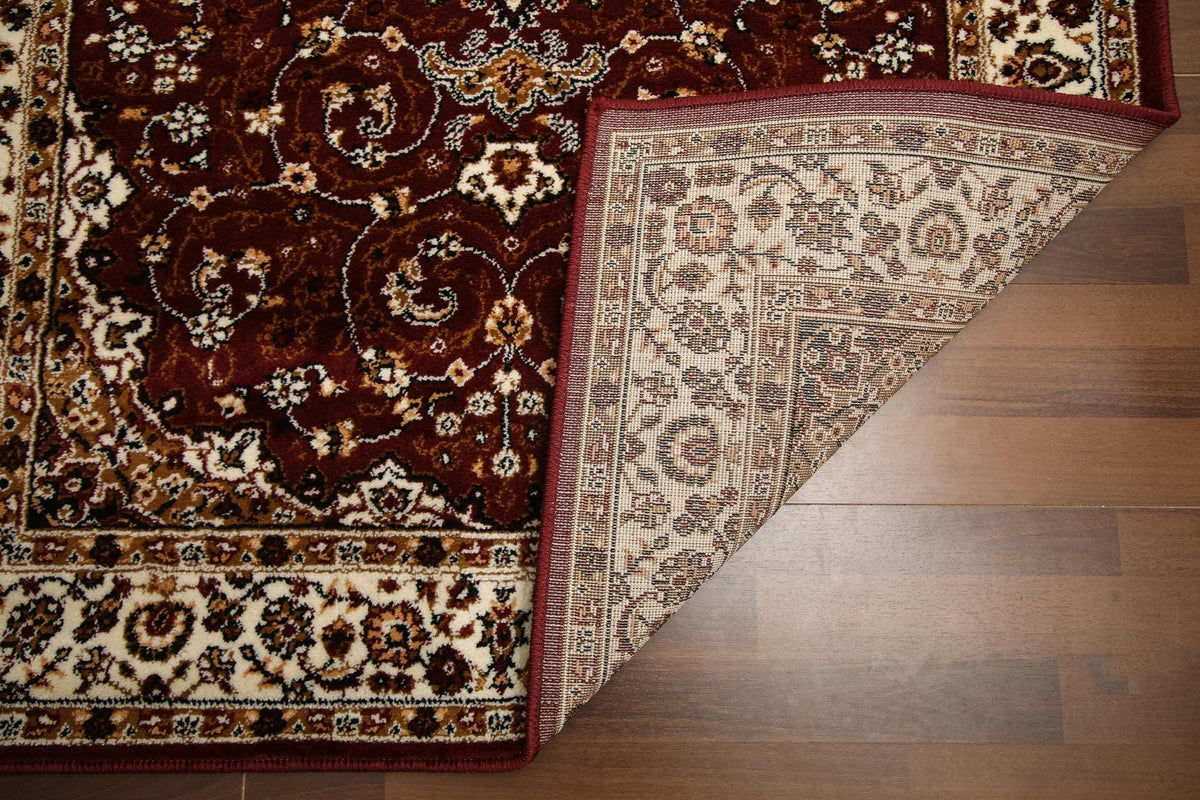 Beige and maroon floral printed woven rug – 10mm pile with jute and polyester backing