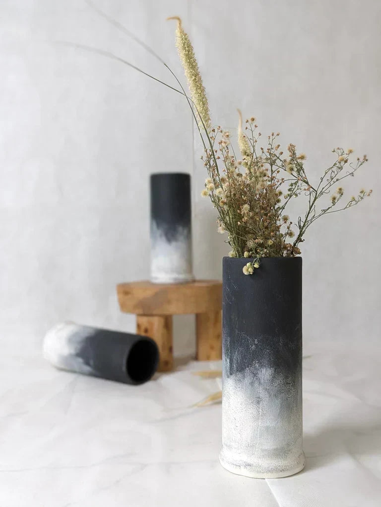 Nureyaa Domino Black and White Ceramic Vase, 9.8" tall, 3.5" wide, handmade modern decor