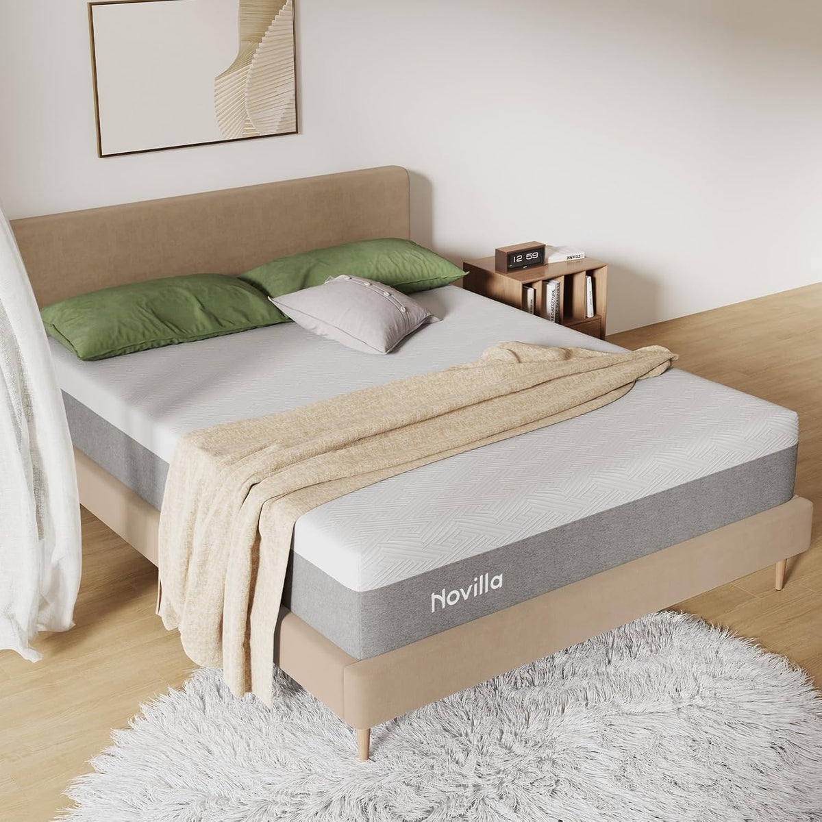 Novilla mattress on a bed with green pillows and a beige blanket in a bedroom setting gray