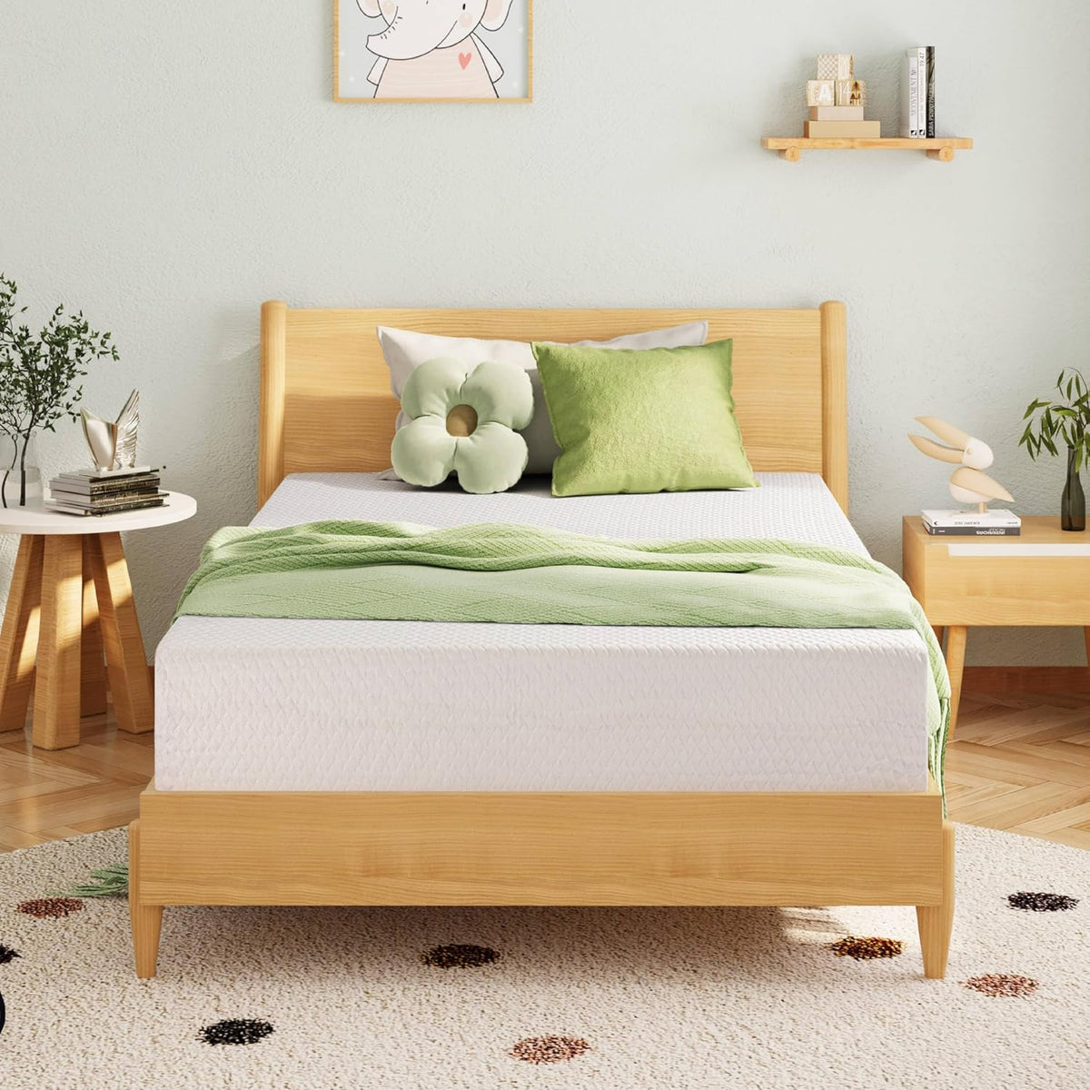 Bedroom with a wooden bed, green bedding, and decorative elements.