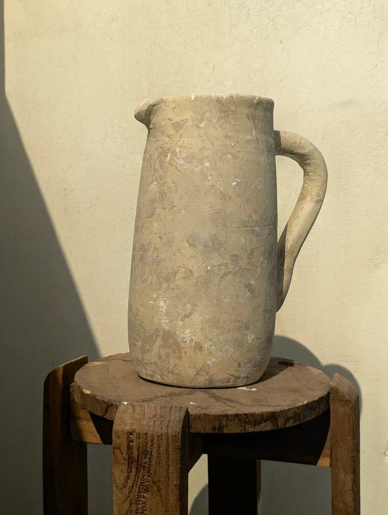 Nureyaa Vestige Beige Ceramic Vase, 10" tall, 7" wide, handmade vintage jug decor
