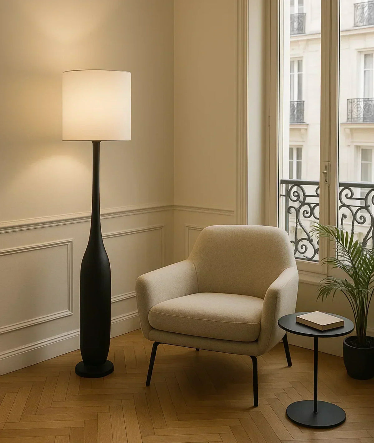 Nureyaa Briar Floor Lamp, 63" tall, 6" wood base, linen shade, handmade decor Black