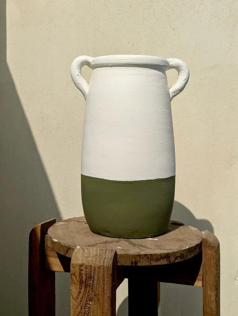 Nureyaa Tranquil White and Olive Ceramic Vase, 10" tall, 7" wide, handmade calming decor