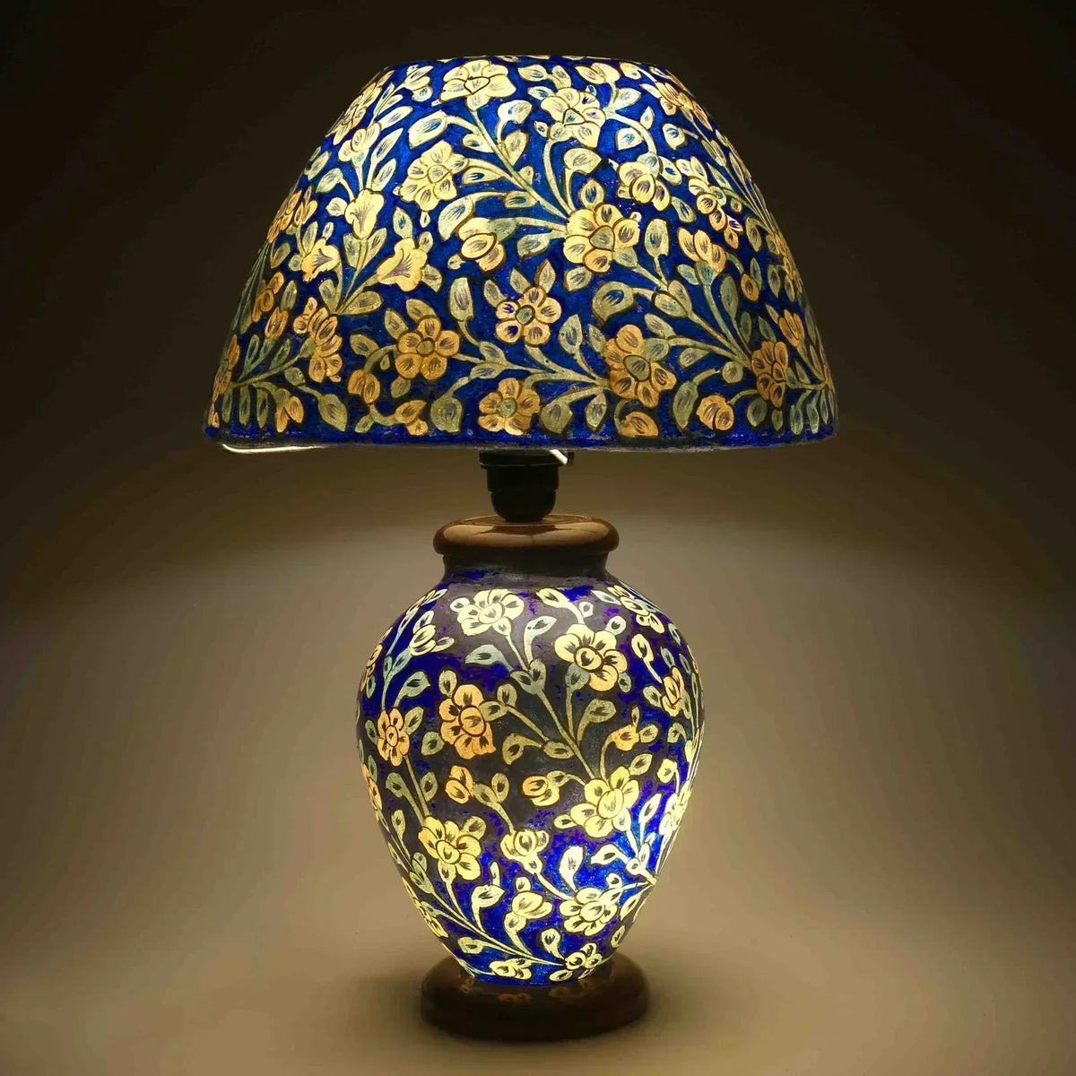 “Blue camel skin bedside table lamp with handpainted artwork and pine wood base – traditional artisan lighting for ambient décor”
