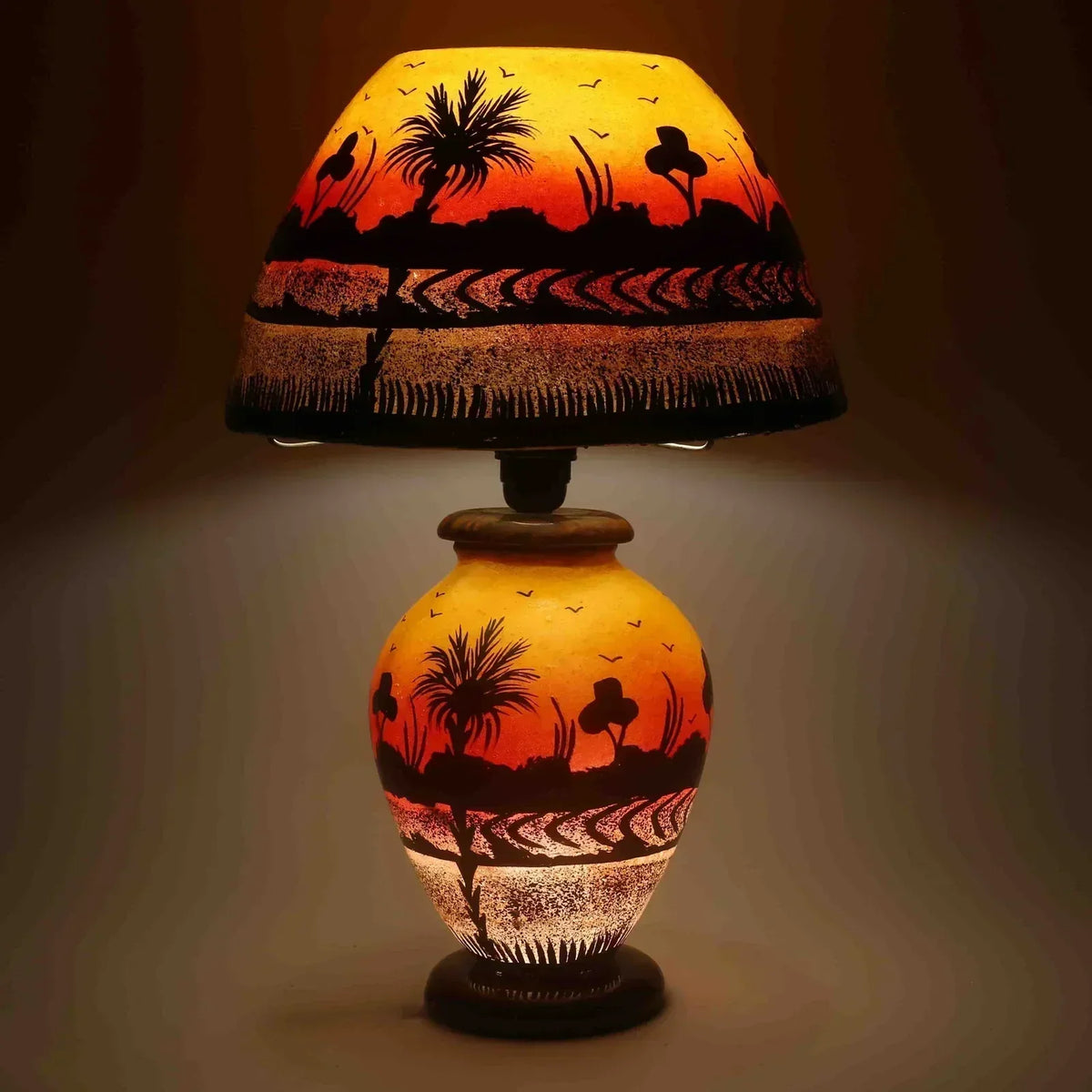“Sunset-toned camel skin bedside lamp – handpainted, handcrafted with warm ambient glow and pine wood base”