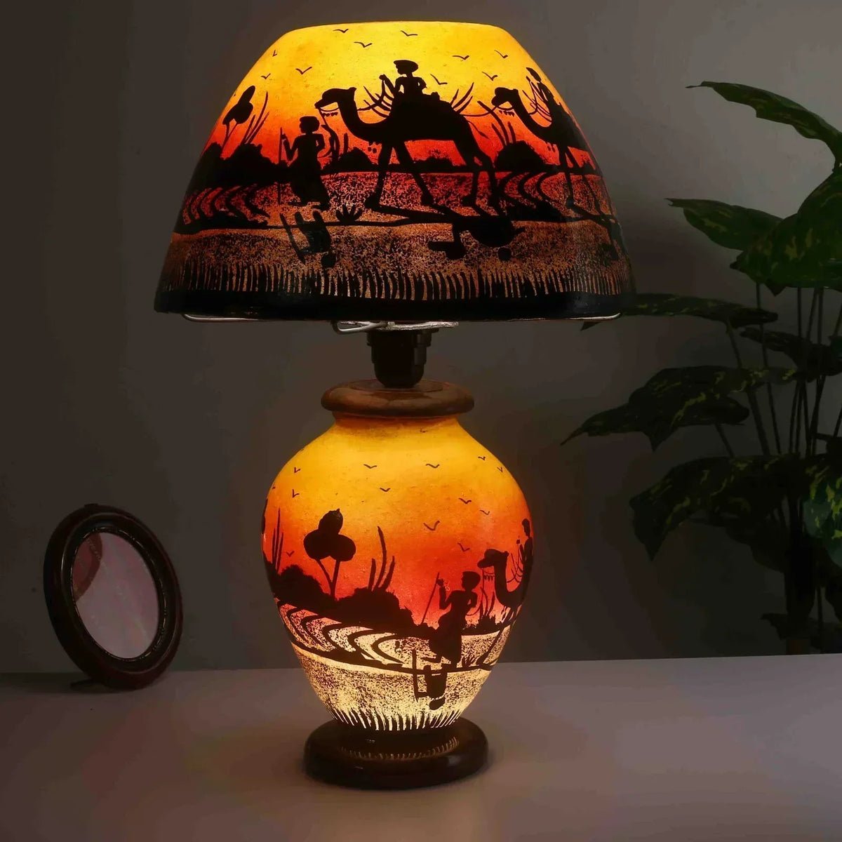 “Sunset-toned camel skin bedside lamp – handpainted, handcrafted with warm ambient glow and pine wood base”