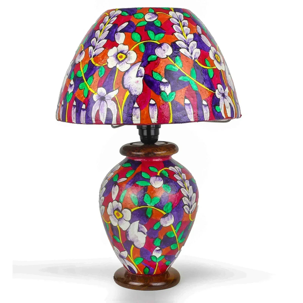 “Colorful handpainted camel skin corner lamp with pine wood base – handmade South Asian decor”