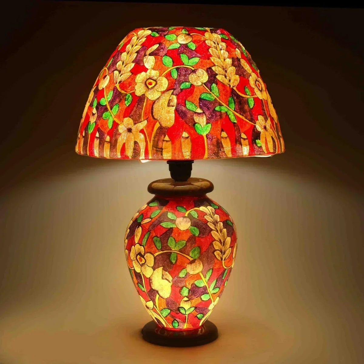 “Colorful handpainted camel skin corner lamp with pine wood base – handmade South Asian decor”