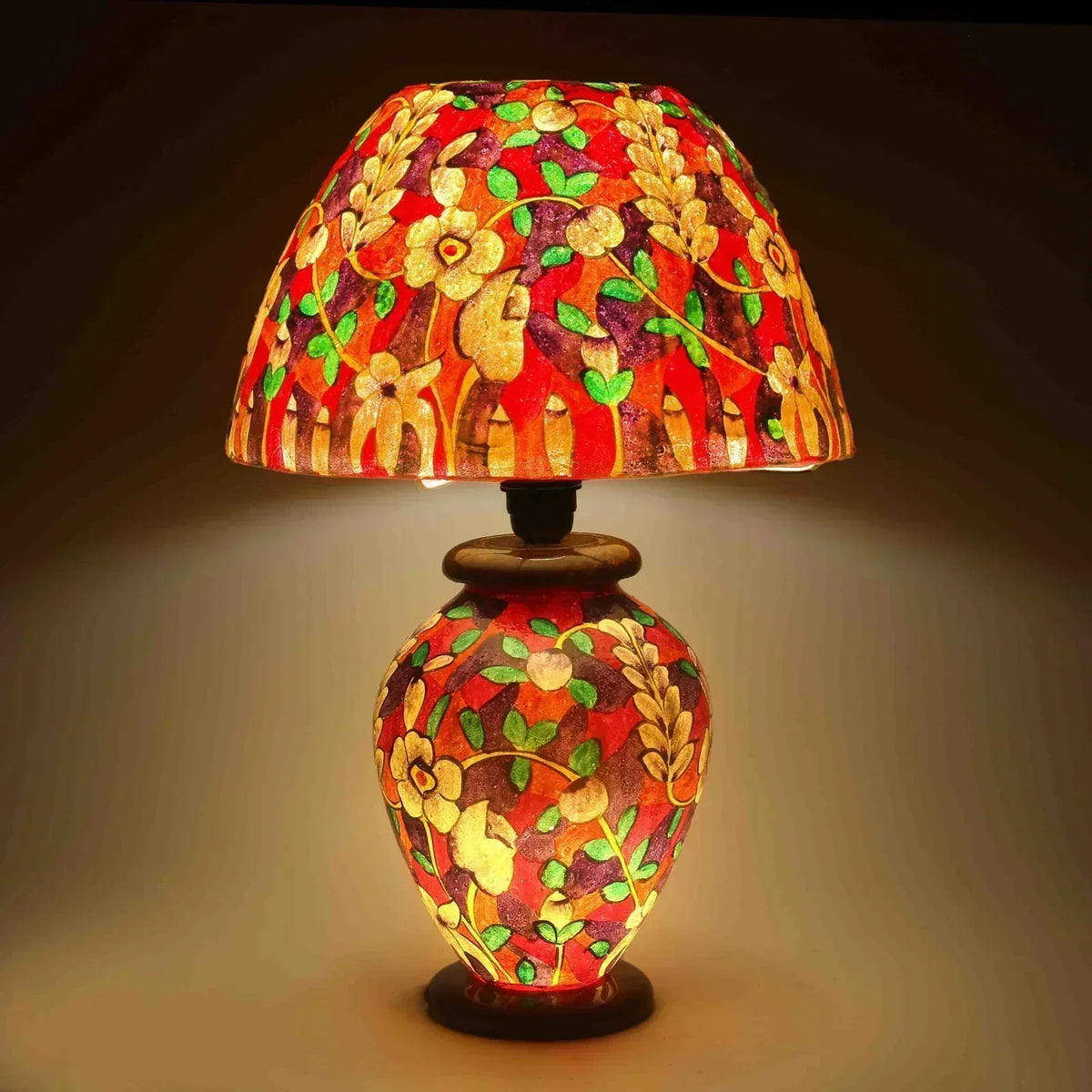 “Colorful handpainted camel skin corner lamp with pine wood base – handmade South Asian decor”