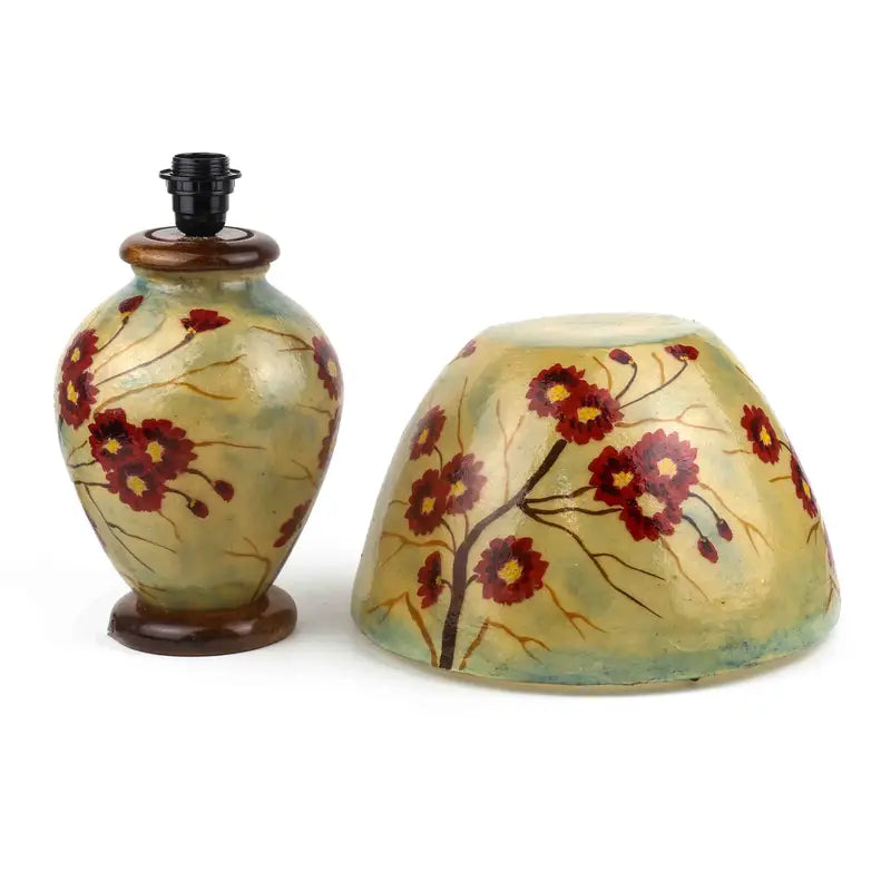 “Handpainted camel skin corner lamp with pine wood base – fine art design and warm ambient glow