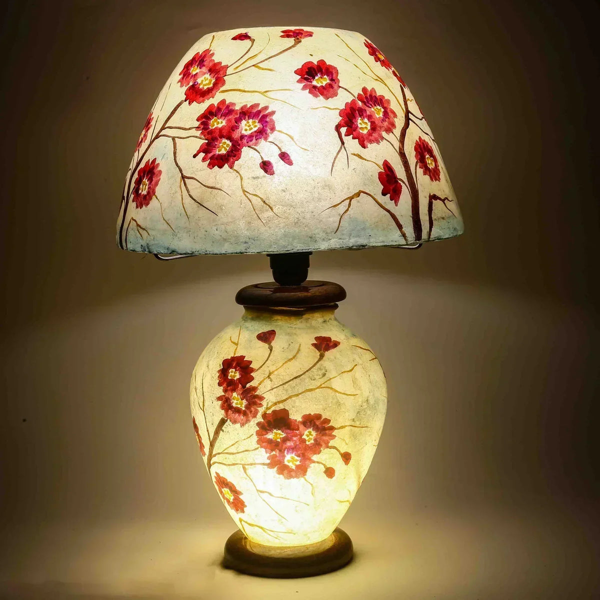 “Handpainted camel skin corner lamp with pine wood base – fine art design and warm ambient glow