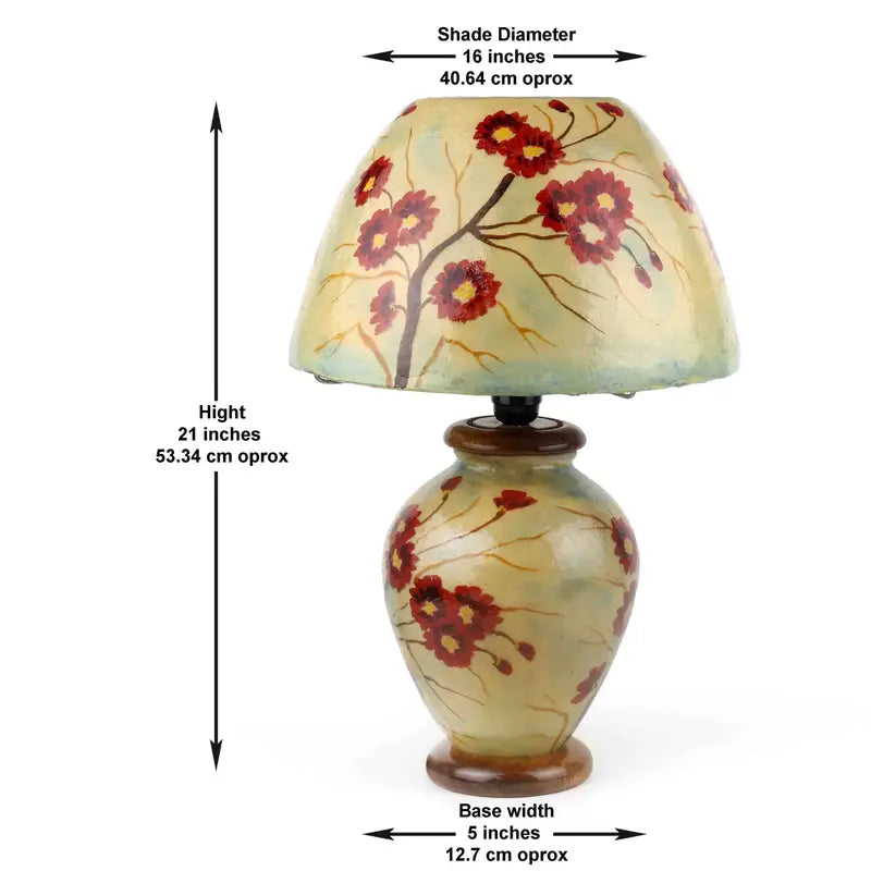 “Handpainted camel skin corner lamp with pine wood base – fine art design and warm ambient glow
